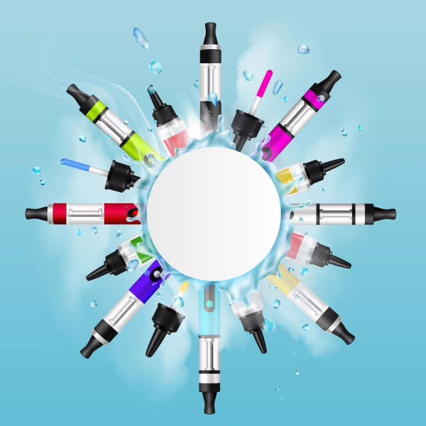 ilustrasi berbagai flavor liquid vape dalam kemasan berwarna-warni yang membentuk lingkaran, menggambarkan tren variasi rasa vape yang semakin kreatif dan diminati pasar.