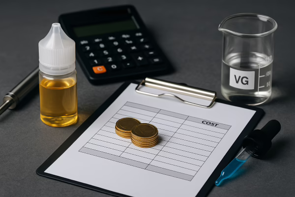 Tabel estimasi biaya usaha liquid vape dan ilustrasi alat produksi